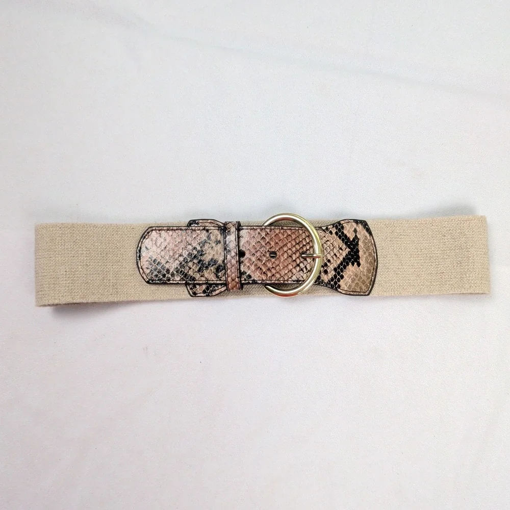 Snakeskin Print Elastic Cinch Waist Belt Gold Buckle Wide Boho Earthy